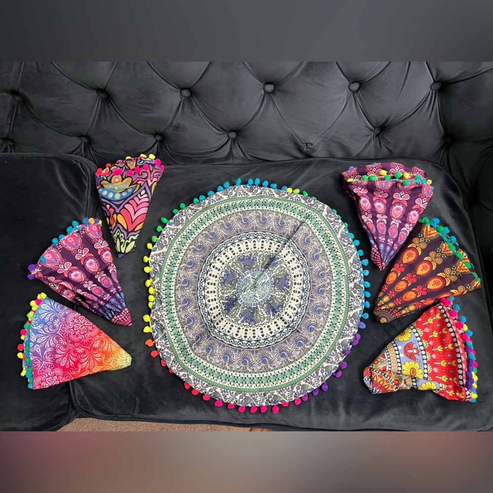 Lot of 7 Round Pillow Covers with Pom Poms